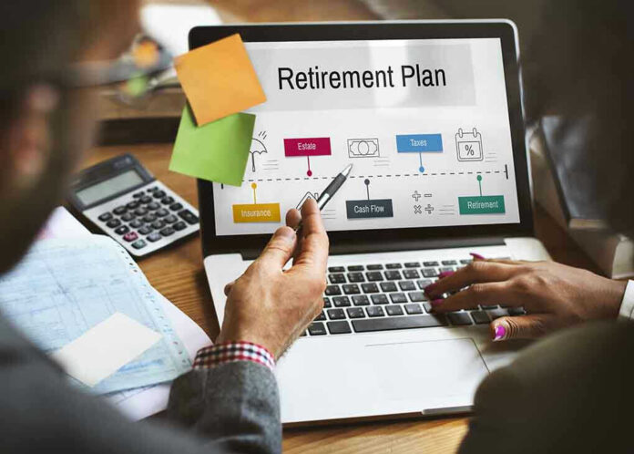 People discussing retirement plan on laptop screen