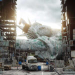 Missile Barrage Erupts During US Peace Talks Rusted fallen statue amidst dilapidated buildings and debris