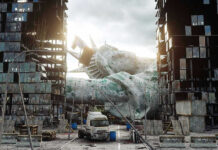 Rusted fallen statue amidst dilapidated buildings and debris