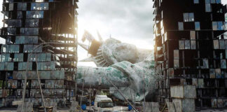 Rusted fallen statue amidst dilapidated buildings and debris