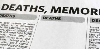 Newspaper page featuring death announcements and obituaries