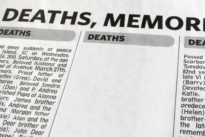 Newspaper page featuring death announcements and obituaries