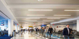 People walking through an airport terminal.