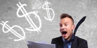 Excited businessman holding documents with dollar signs in the background