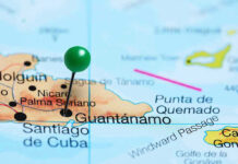 Map with pin on Guantánamo, Cuba.