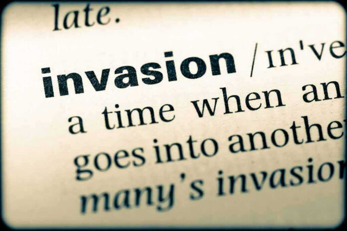 Close-up of a dictionary page showing the definition of the word invasion