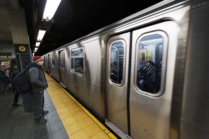 A commuter waiting at a subway station as a train approaches