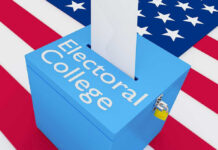 Blue ballot box labeled Electoral College with flag.