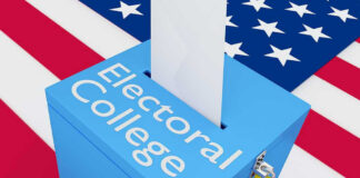 Blue ballot box labeled Electoral College with flag.