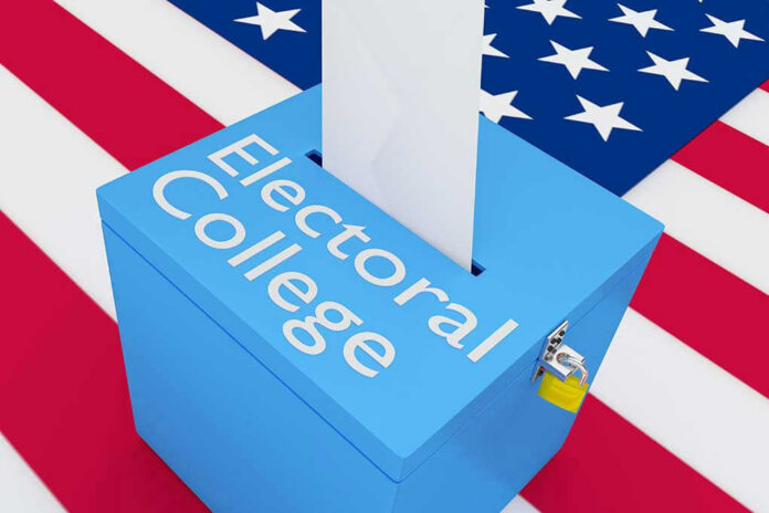 Blue ballot box labeled Electoral College with flag.