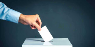 Hand placing ballot into voting box.