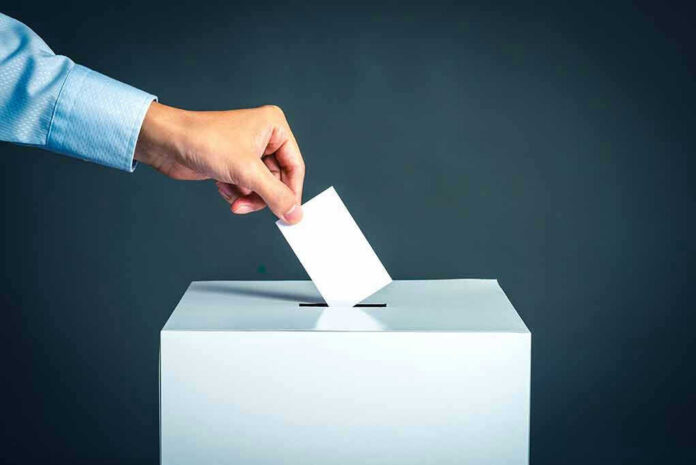 764908306 Hand placing ballot into voting box.