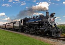 A vintage steam locomotive pulling passenger cars on a railway track