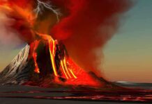 A volcano erupting with lava and lightning in the sky