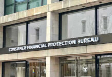 Consumer Financial Protection Bureau building entrance sign.