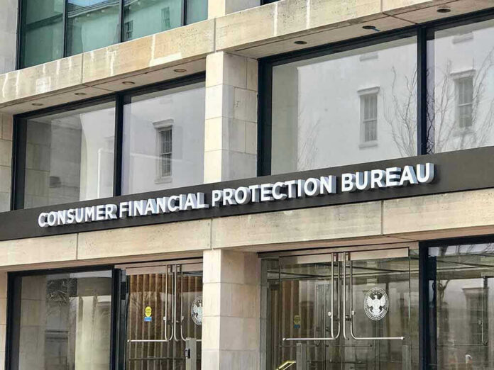 Consumer Financial Protection Bureau building entrance sign.
