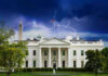 Trump’s NEW Brush with Danger — CHILLING Details REVEALED White House under stormy sky with lightning bolts.
