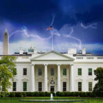 Trump’s NEW Brush with Danger — CHILLING Details REVEALED White House under stormy sky with lightning bolts.