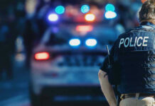Police officer with patrol car and flashing lights.