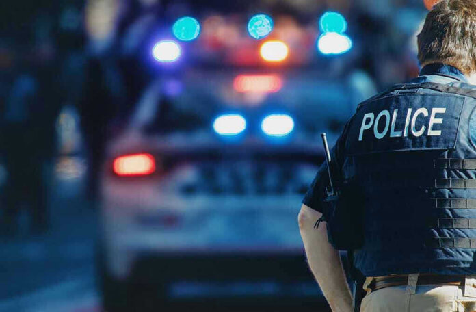 Police officer with patrol car and flashing lights.