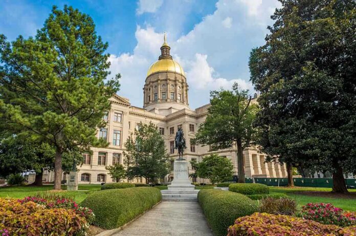 shutterstock_209898013 State capitol building with a gold dome surrounded by greenery and a statue