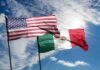 United States and Mexico flags waving against a bright sky