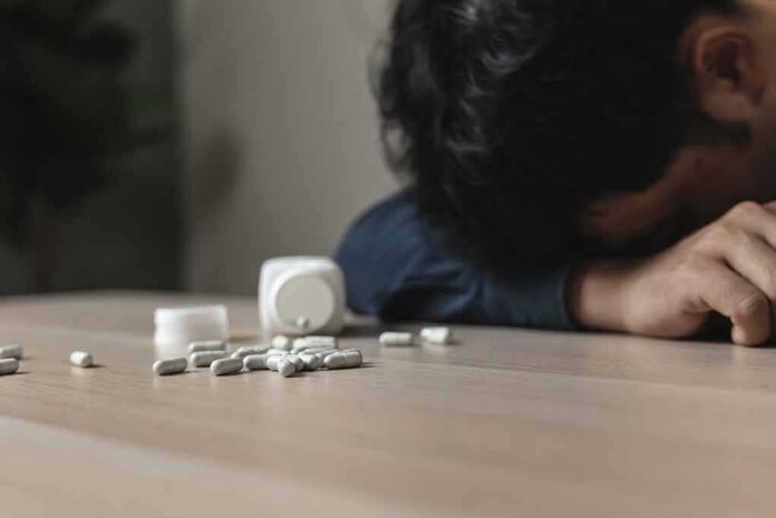 shutterstock_2194714849 Person with head down near scattered pills on a table