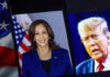 War Shock: $4 Gas ‘Peanuts’? Kamala Harris and Donald Trump shown on adjacent screens with a U.S. flag nearby