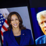 Kamala Harris and Donald Trump shown on adjacent screens with a U.S. flag nearby