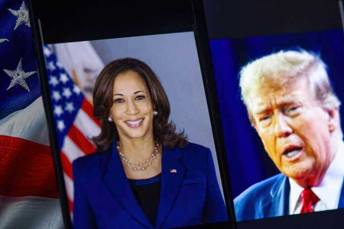 Kamala Harris and Donald Trump shown on adjacent screens with a U.S. flag nearby