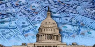 United States Capitol building with overlay of hundred-dollar bills