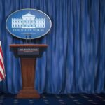 Corporate America’s Millions Fuel Trump’s Agenda White House press briefing podium with U.S. flag and blue curtain