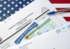 States Challenge New Green Card Rule immigration forms with green card and social security card on US flag background