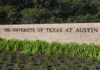 Texas Campaign Post Sparks Debate Over UT Students Sign for The University of Texas at Austin surrounded by greenery