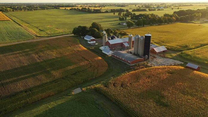 shutterstock_1808739922 Aerial view of a farm with silos and barns amid golden crop fields