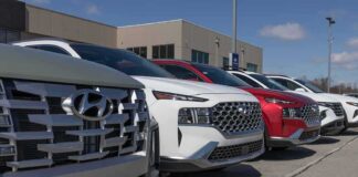Row of SUVs parked at a dealership lot