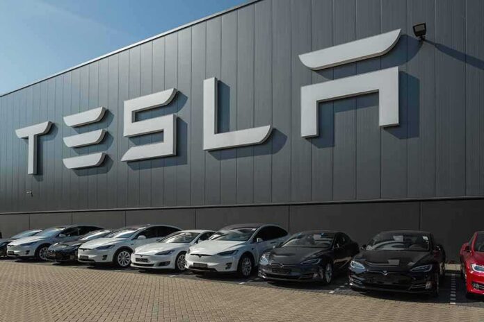 shutterstock_489388897 Tesla cars parked outside a large Tesla building