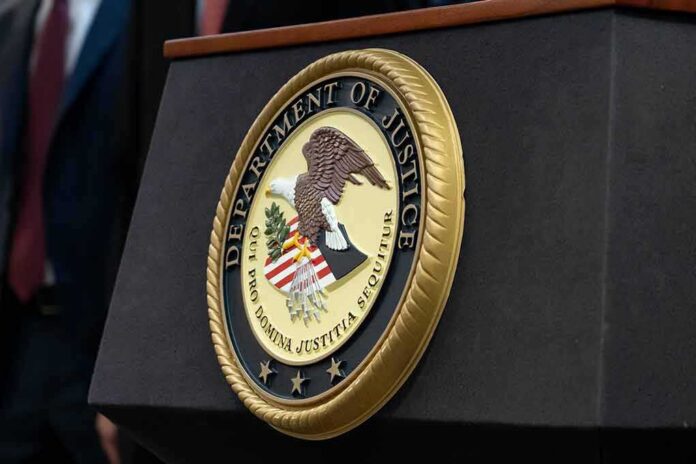 shutterstock_2290672573 Department of Justice seal on a podium